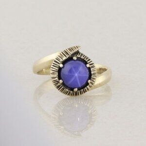 10k Yellow Gold Lab Created Blue Star Sapphire Ring Size 7
